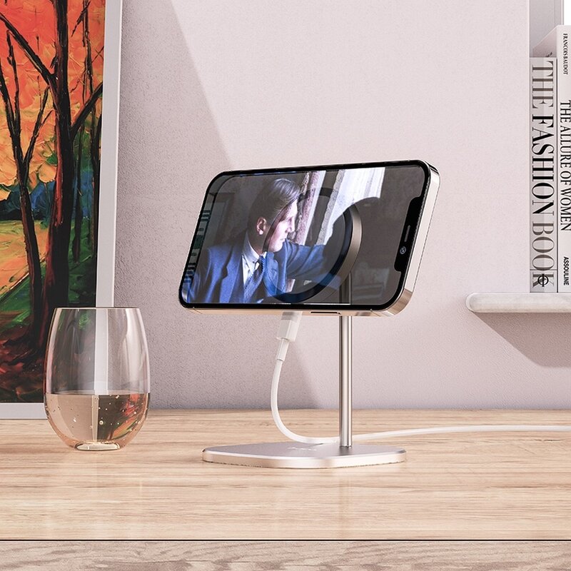 Incarcator wireless iPhone 12 Hoco CW32 tip suport birou, 15W, alb