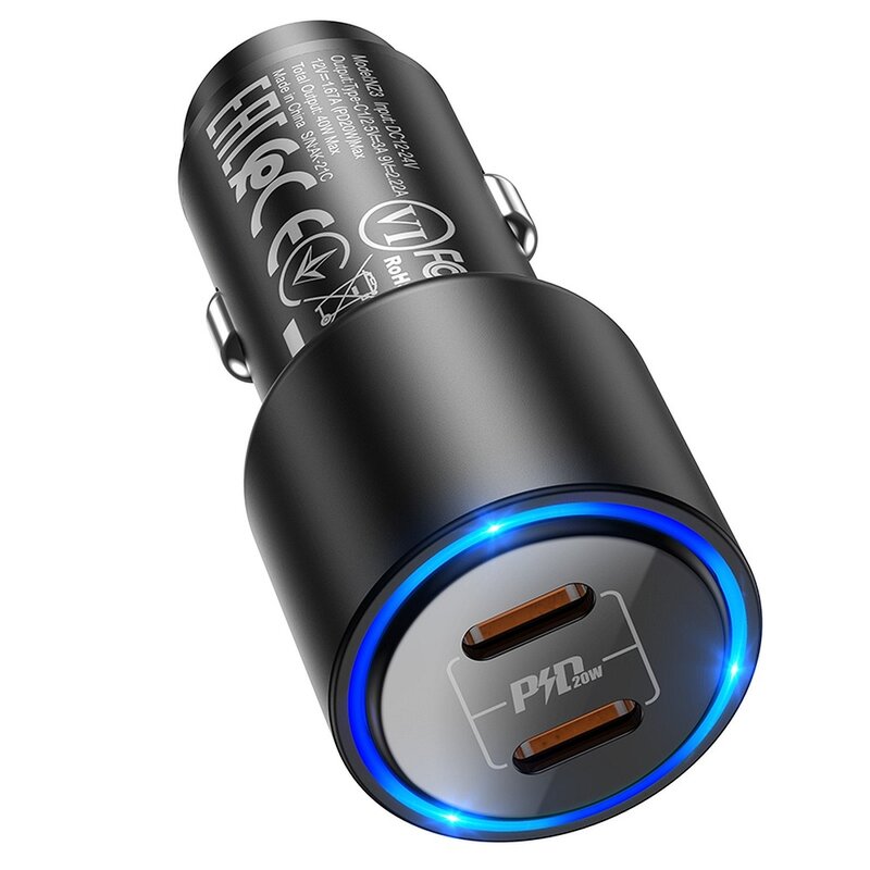 Incarcator auto 2x USB-C PD20W Hoco NZ3, 40W + cablu Lightning, negru