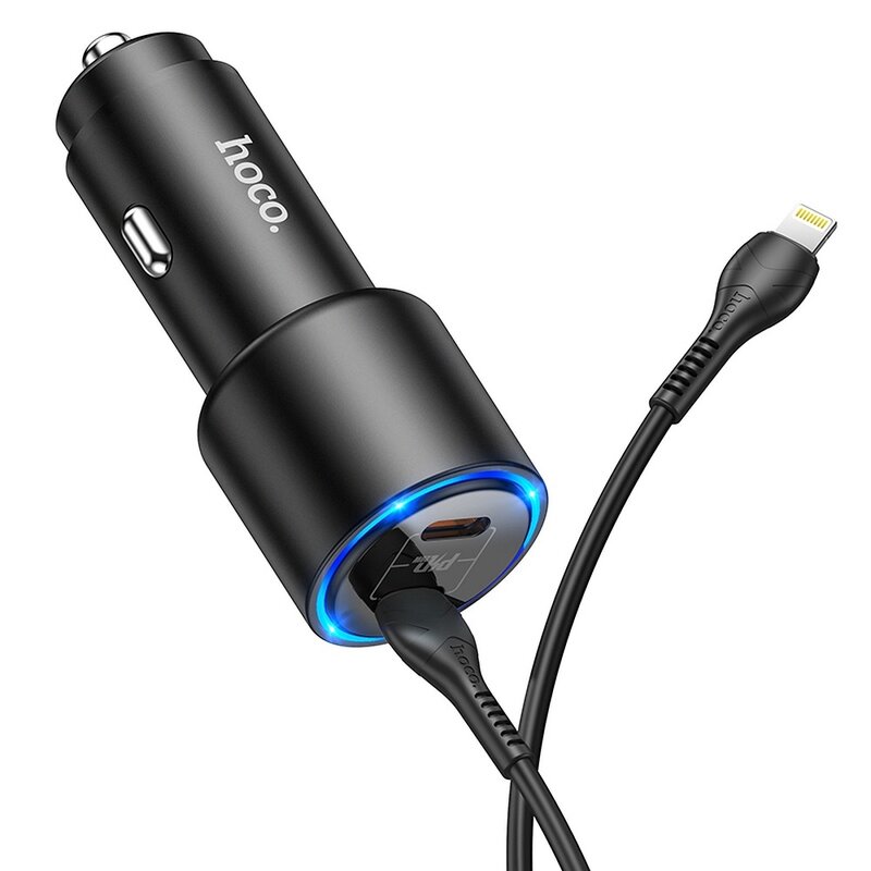 Incarcator auto 2x USB-C PD20W Hoco NZ3, 40W + cablu Lightning, negru