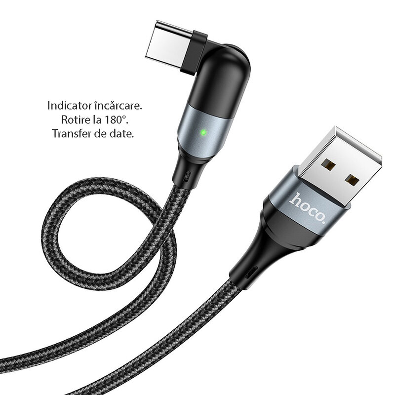 Cablu de date USB la Type-C Hoco U100, 1.2m, 3A, negru