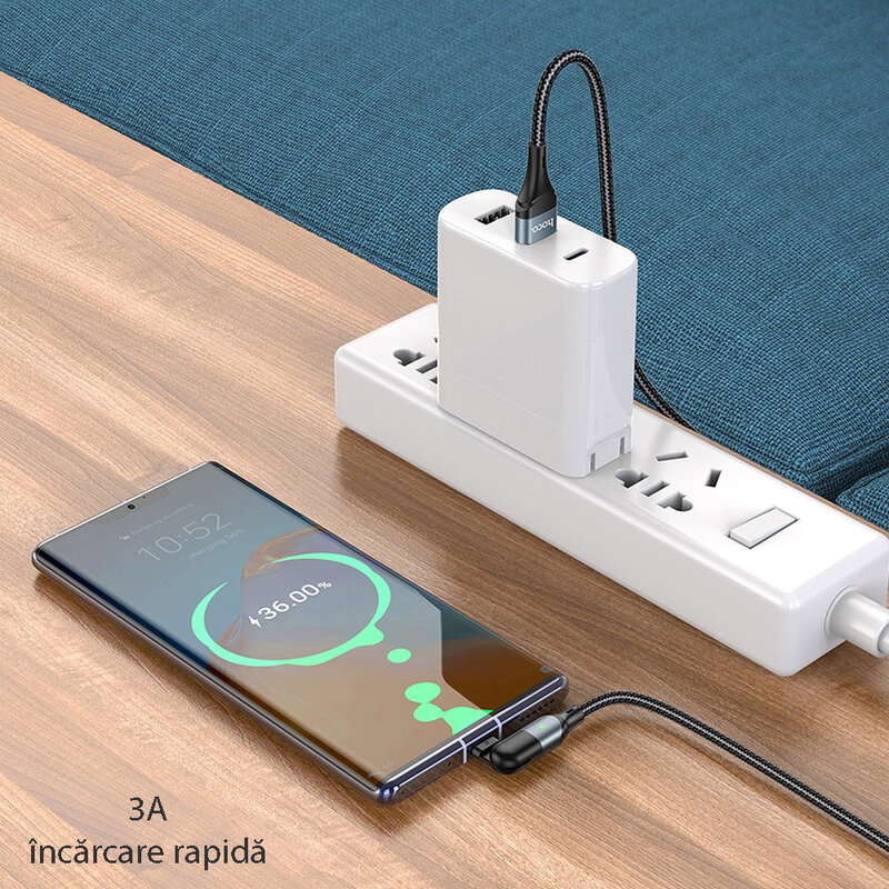 Cablu de date USB la Type-C Hoco U100, 1.2m, 3A, negru