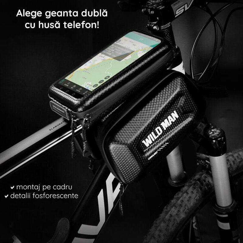 Geanta cadru bicicleta cu borseta telefon WildMan E6S, 1.2l, negru