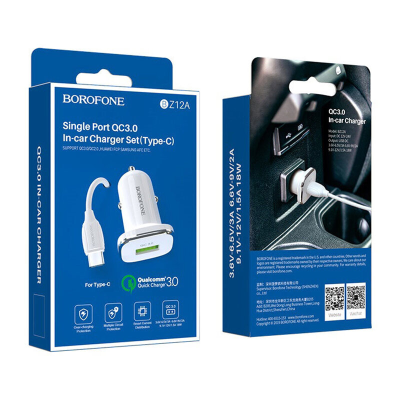 Incarcator auto USB Borofone BZ12A, 18W + cablu Micro-USB, alb