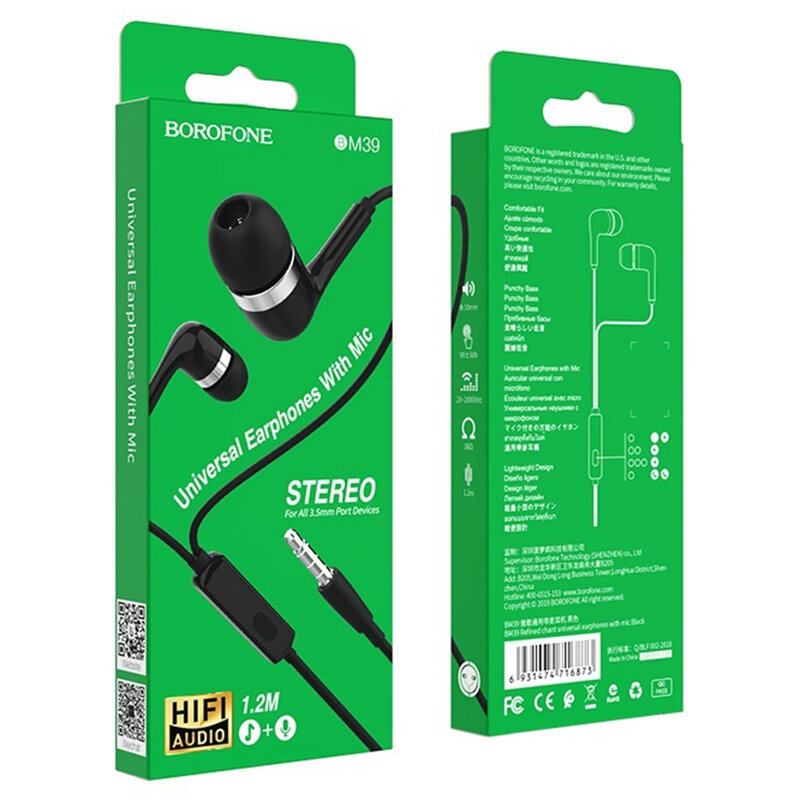 Casti in-ear Borofone BM39, Hi-Fi audio, Jack 3.5mm, 1.2m, negru