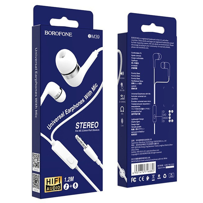 Casti in-ear Borofone BM39, Hi-Fi audio, Jack 3.5mm, 1.2m, alb