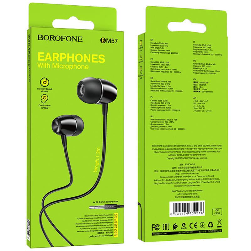 Casti in-ear Borofone BM57, Jack 3.5mm, microfon, 1.2m, negru