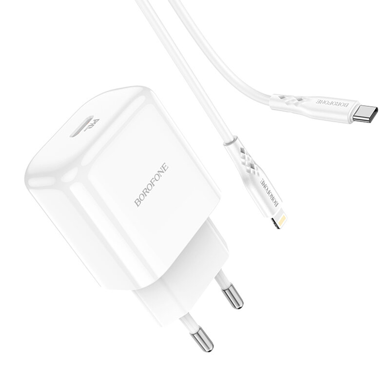 Incarcator USB-C PD20W Borofone BN3 + cablu Lightning, QC3.0, alb