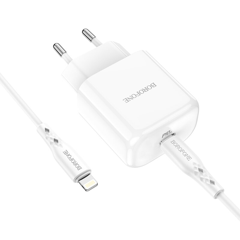 Incarcator USB-C PD20W Borofone BN3 + cablu Lightning, QC3.0, alb
