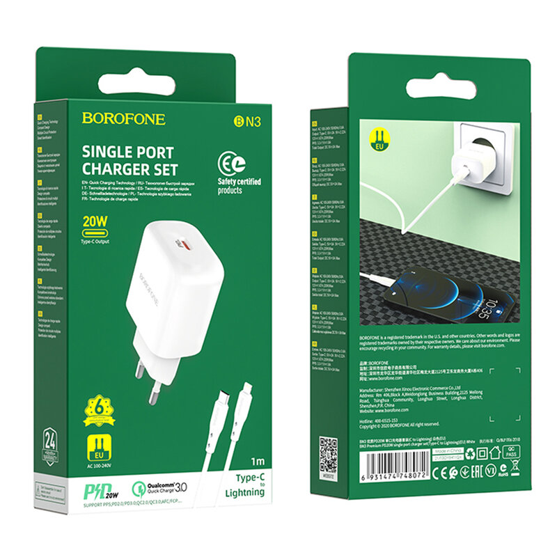 Incarcator USB-C PD20W Borofone BN3 + cablu Lightning, QC3.0, alb