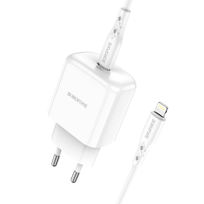 Incarcator USB-C PD20W Borofone BN3 + cablu Lightning, QC3.0, alb
