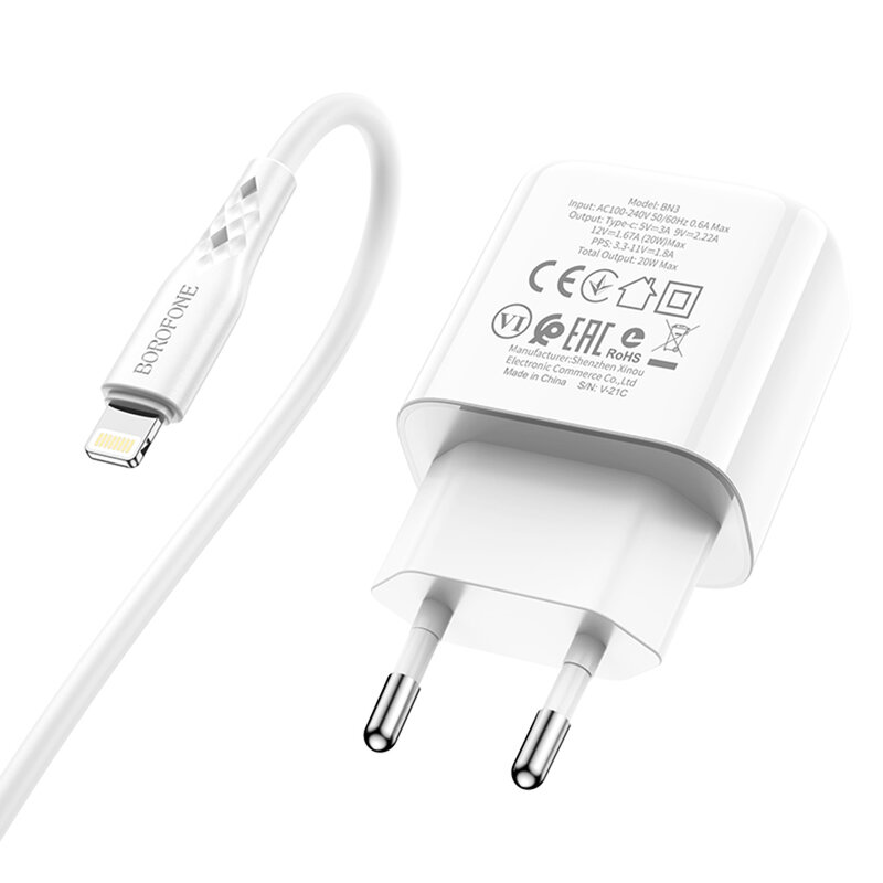 Incarcator USB-C PD20W Borofone BN3 + cablu Lightning, QC3.0, alb