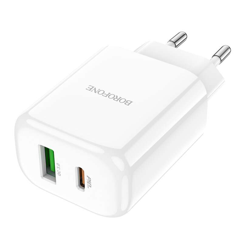 Incarcator priza Borofone BN4 USB QC3.0 18W + Type-C 20W, alb
