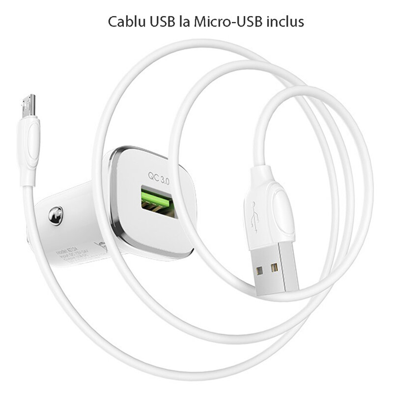 Incarcator auto USB Borofone BZ12A, 18W + cablu Micro-USB, alb