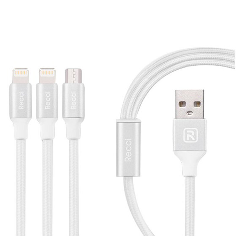 Cablu de date 1.2M, 3in1 Recci Delicate RCS-H120 Micro-USB + 2xLightning Fast Charging - White 