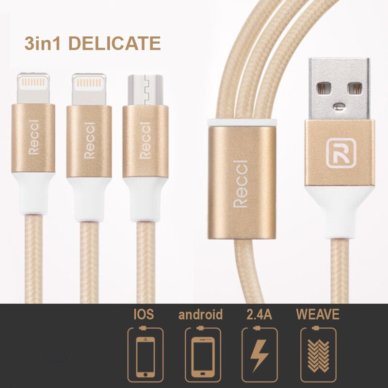 Cablu de date 1.2M, 3in1 Recci Delicate RCS-H120 Micro-USB + 2xLightning Fast Charging - White 