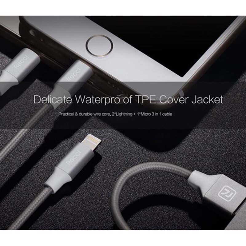 Cablu de date 1.2M, 3in1 Recci Delicate RCS-H120 Micro-USB + 2xLightning Fast Charging - White 