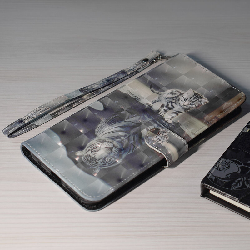 Husa flip Samsung Galaxy A12 3D Colored Painting tip carte, cat tiger