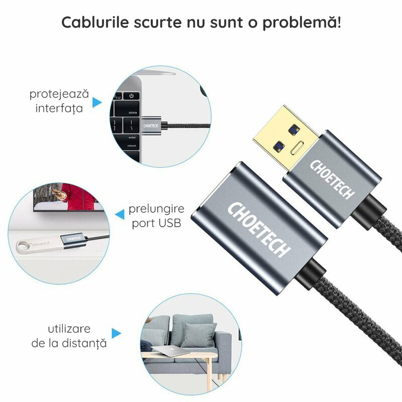 Cablu prelungitor USB mama la USB 3.0 tata Choetech, gri, 2m, XAA001