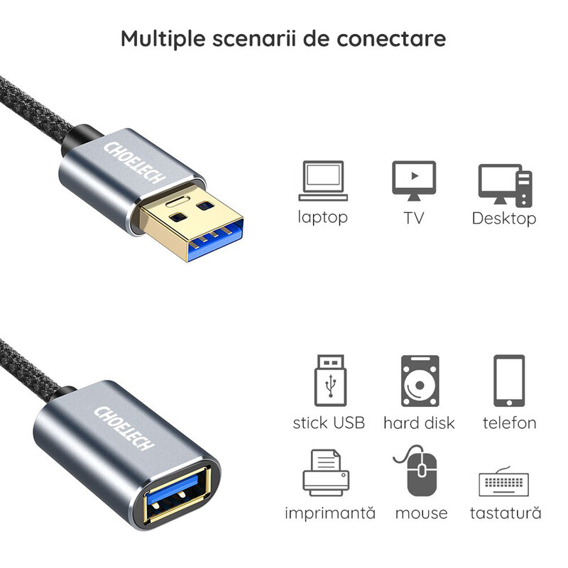 Cablu prelungitor USB mama la USB 3.0 tata Choetech, gri, 2m, XAA001