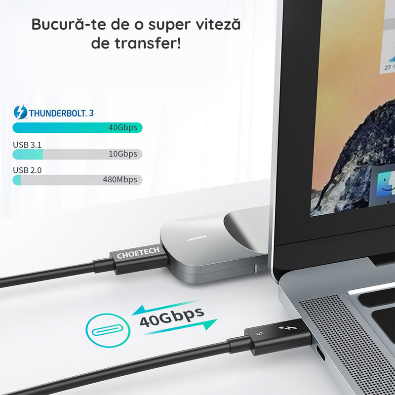 Cablu Type-C Thunderbolt 3, PD100W, 40Gbps, 5K Choetech, negru, A3009