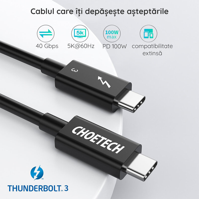 Cablu Type-C Thunderbolt 3, PD100W, 40Gbps, 5K Choetech, negru, A3009