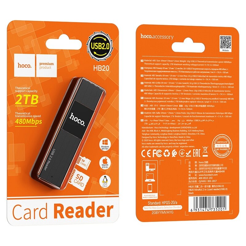 Cititor carduri memorie MicroSD, SD Hoco HB20, USB 2.0, negru