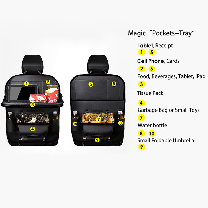 Organizator scaun auto cu masuta, suport pahare, negru