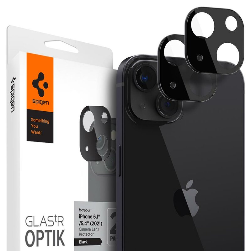 [Pachet 2x] Folie sticla camera iPhone 13 mini Spigen Glas.tR Optik, negru