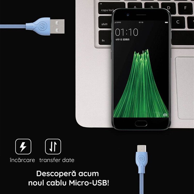 Cablu de date Micro-USB WK Design Ultra Speed Cu Lungimea de 1.0M - Albastru