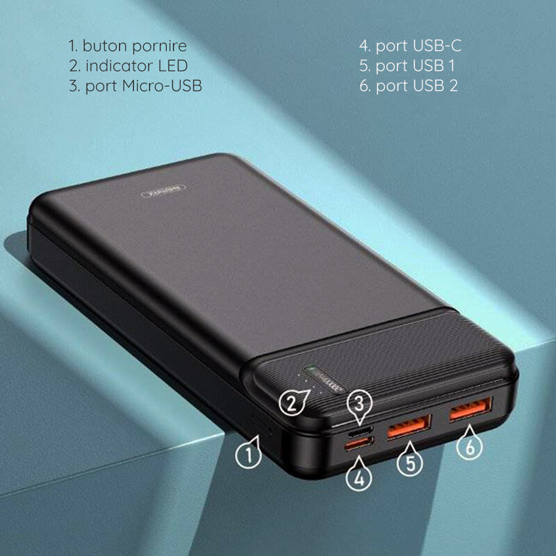 Baterie portabila 20000mAh Remax, 2x USB, USB-C, Micro-USB, negru, RPP-238