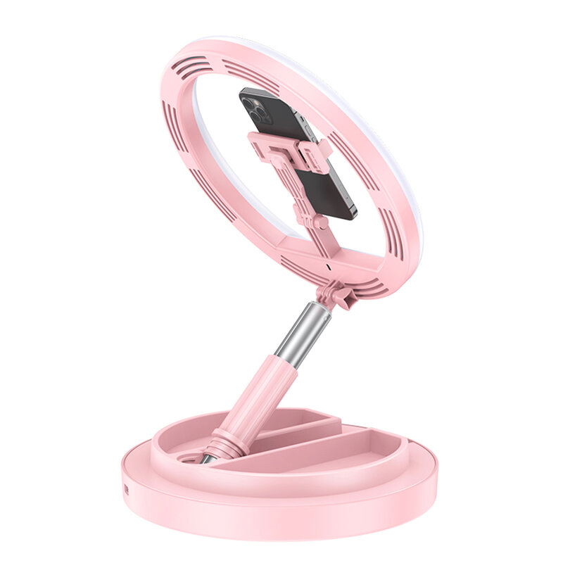 Lampa circulara LED cu suport telefon Usams, roz, US-ZB120