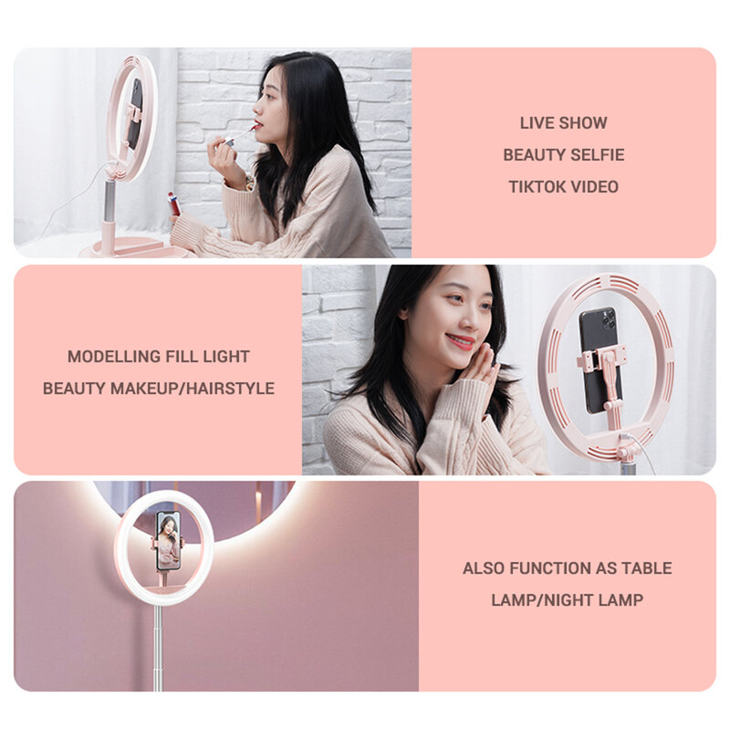 Lampa circulara LED cu suport telefon Usams, roz, US-ZB120