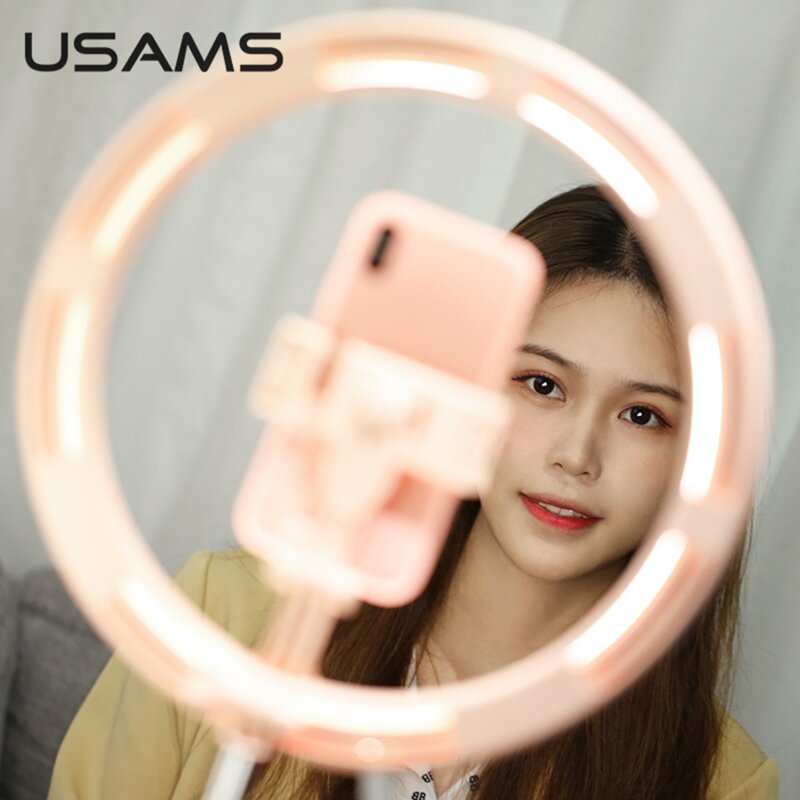 Lampa circulara LED cu suport telefon USAMS, alb, US-ZB120