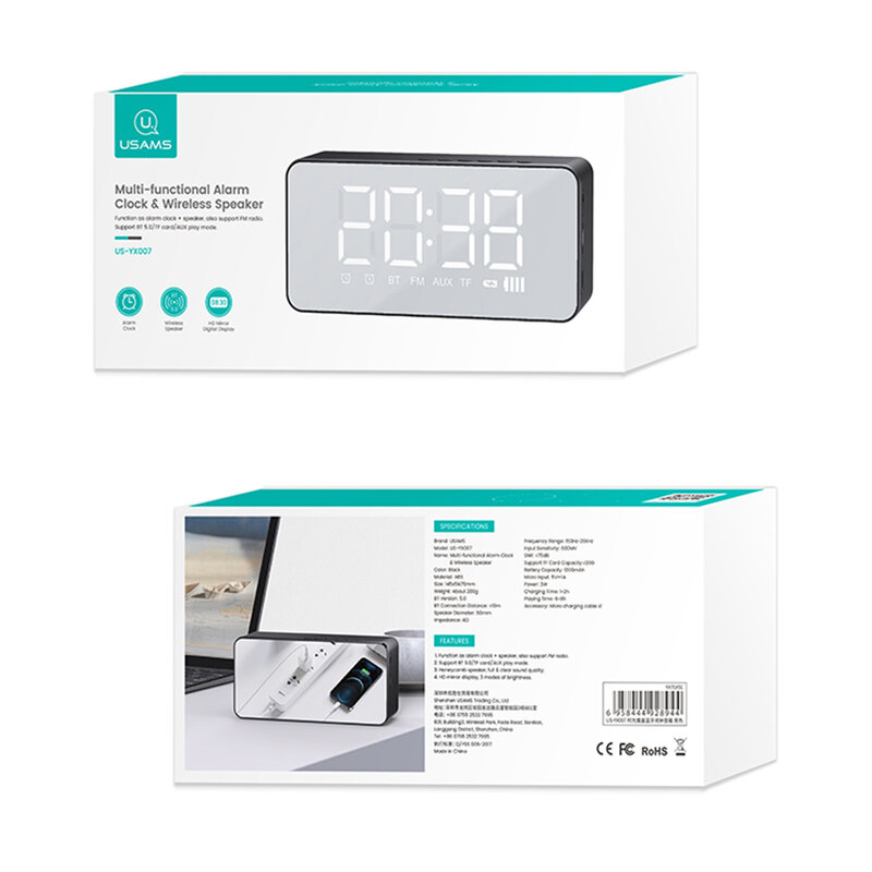 Ceas desteptator digital cu boxa wireless Usams, negru, US-YX007