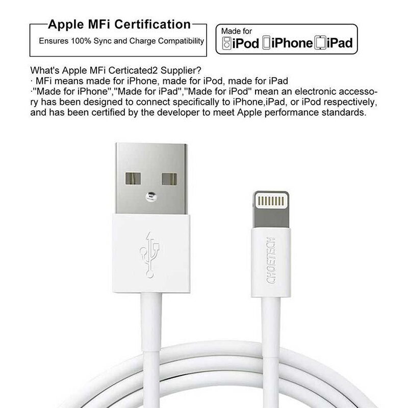 Cablu iPhone/ iPad/ iPod Choetech, MFi Certified, 2.4A, 1.2m, alb, IP0026 