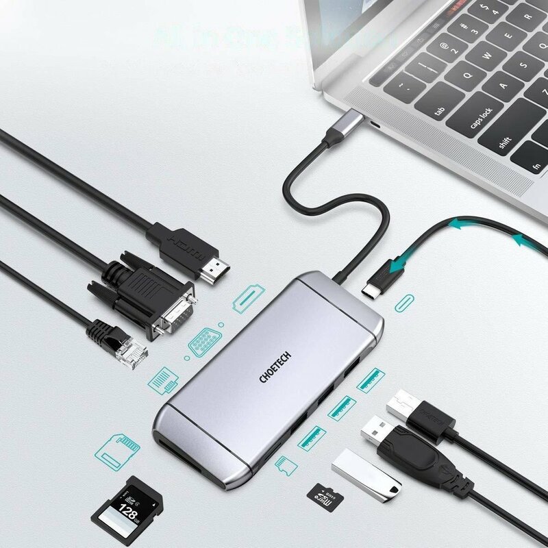 Hub USB-C la PD100W/ HDMI 4K/ 3x USB3.0/ RJ45/ VGA/ SD/ TF Choetech HUB-M15