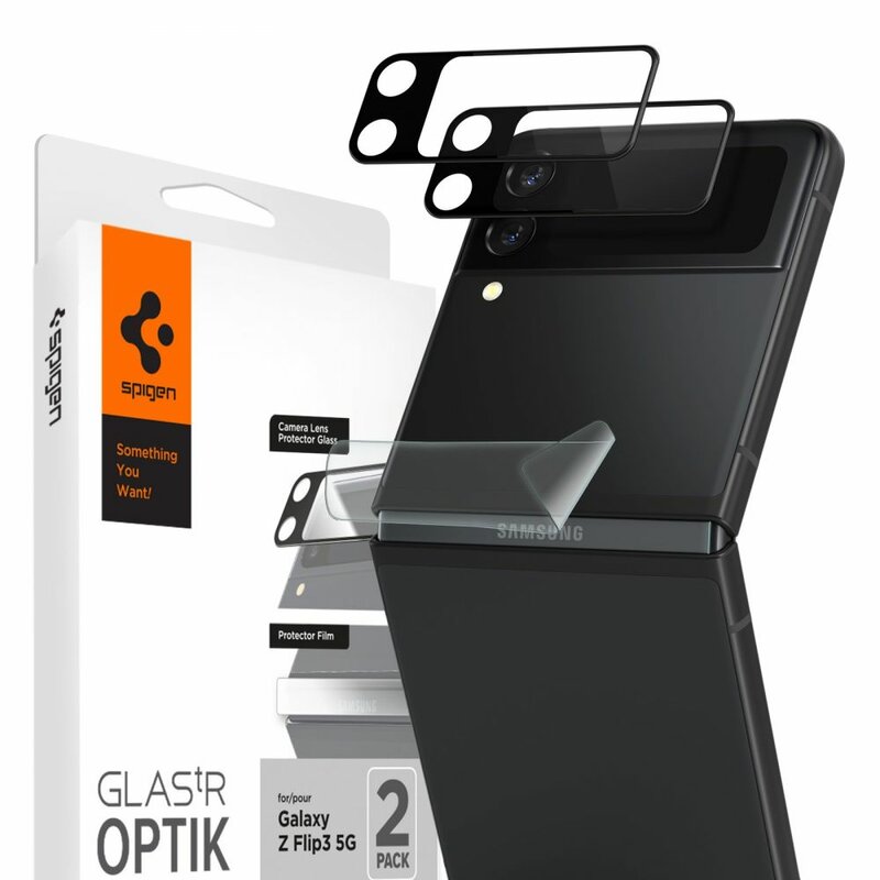 [Pachet 2x] Folie sticla camera Samsung Galaxy Z Flip3 5G Spigen Glas.tR Optik, negru