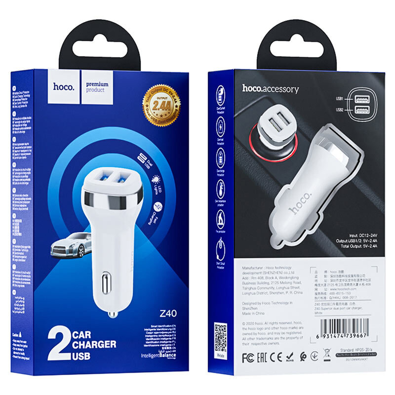 Incarcator auto Fast Charging Hoco Z40, 2x USB-A 2.4A, LED, alb