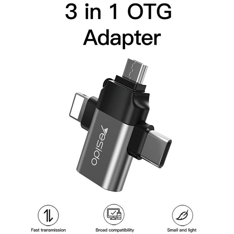 Adaptor OTG USB la Type-C, Lightning, Micro-USB Yesido GS15, negru
