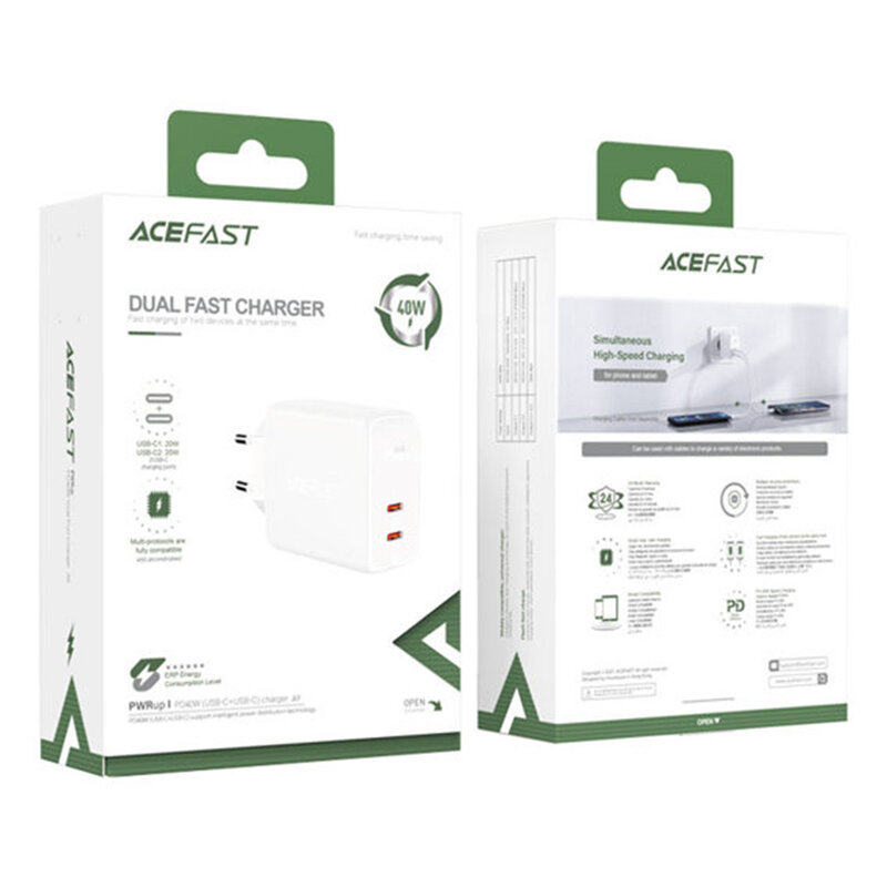 Incarcator Fast Charging 2x USB-C Acefast A9 PD40W, alb