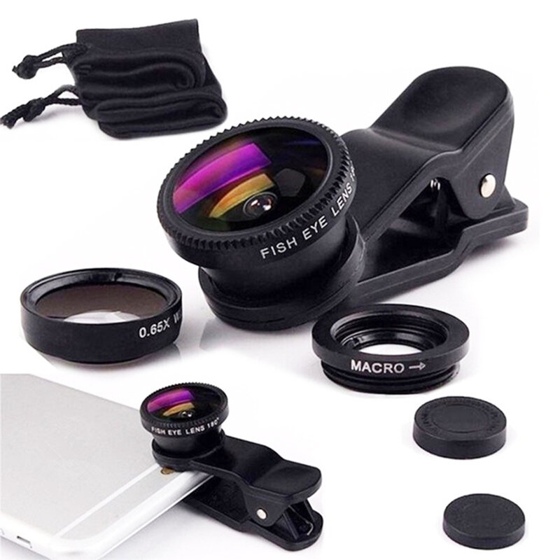 [Set 3x] Lentila telefon macro, wide, fisheye Techsuit W33, negru