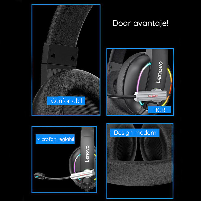 Casti RGB gaming cu microfon noise canceling Lenovo HU75