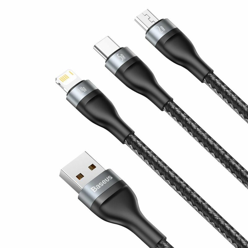 Cablu De Date 3in1 Lightning, Micro-USB, Type-C 1.2m 5A Baseus, negru, CA1T3-G1
