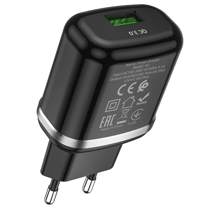 Incarcator priza Fast Charging USB 18W Hoco N3, negru