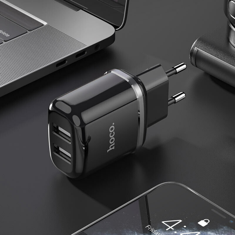 Incarcator priza 2xUSB Hoco N4 + cablu iPhone, 2.4A, negru