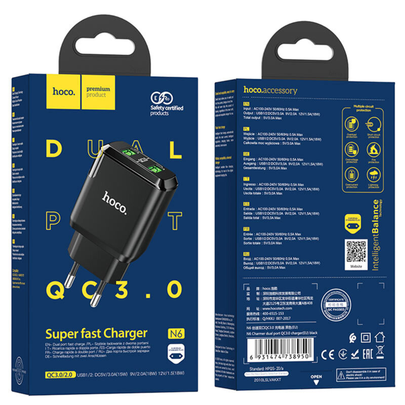 Incarcator Super Fast Charger 2xUSB 18W Hoco N6, negru