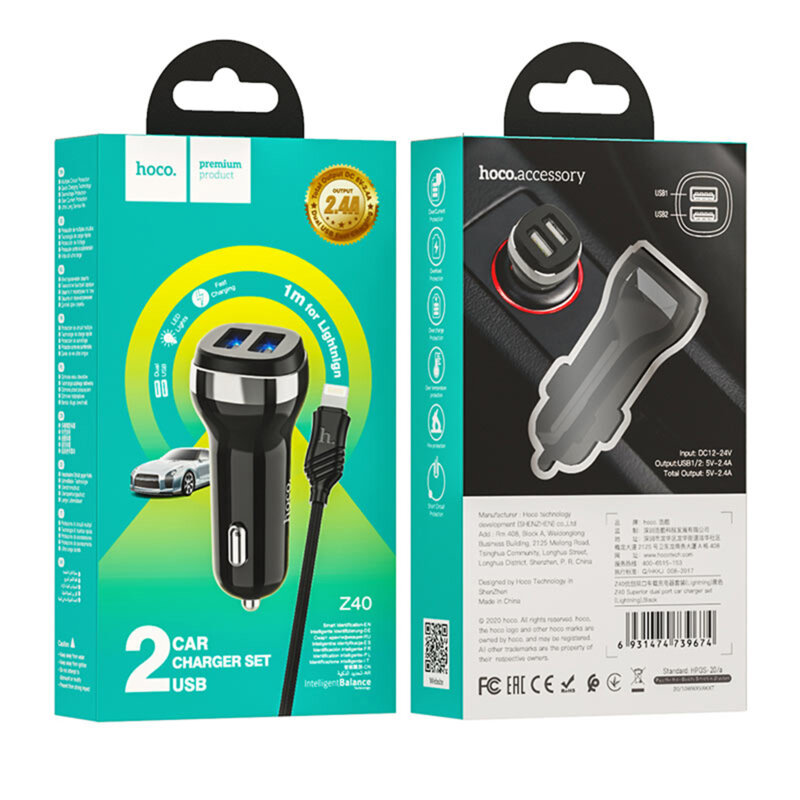 Incarcator auto 2xUSB Hoco Z40, 12W + cablu Lightning, negru