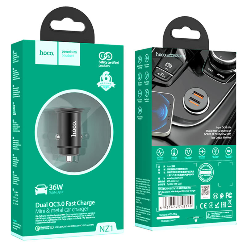 Incarcator auto Fast Charging 2 x USB 3.0 Hoco NZ1, negru