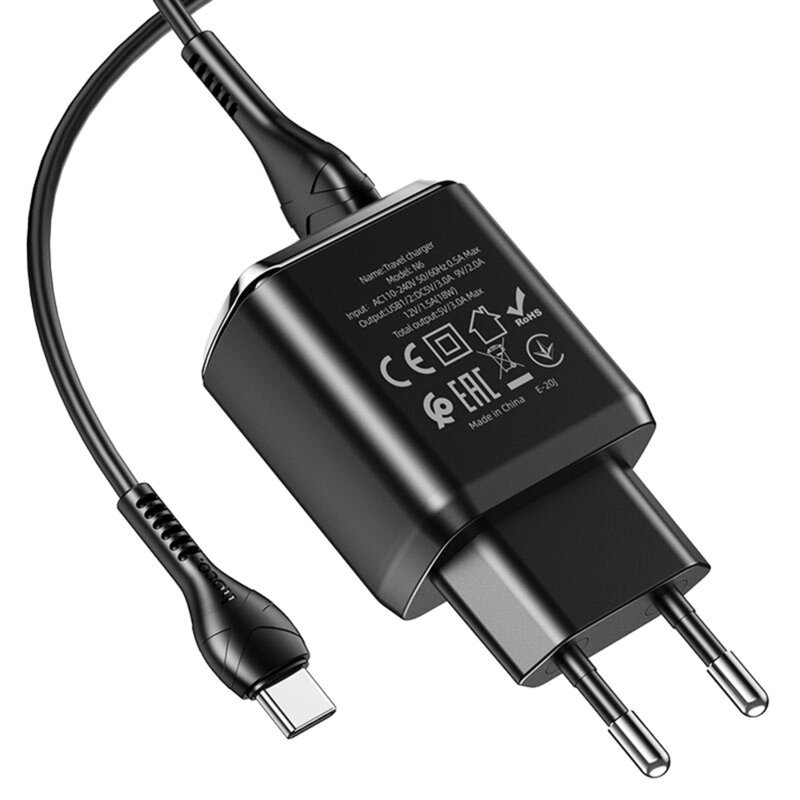 Incarcator priza 2xUSB 18W Hoco N6 + cablu Type-C, negru
