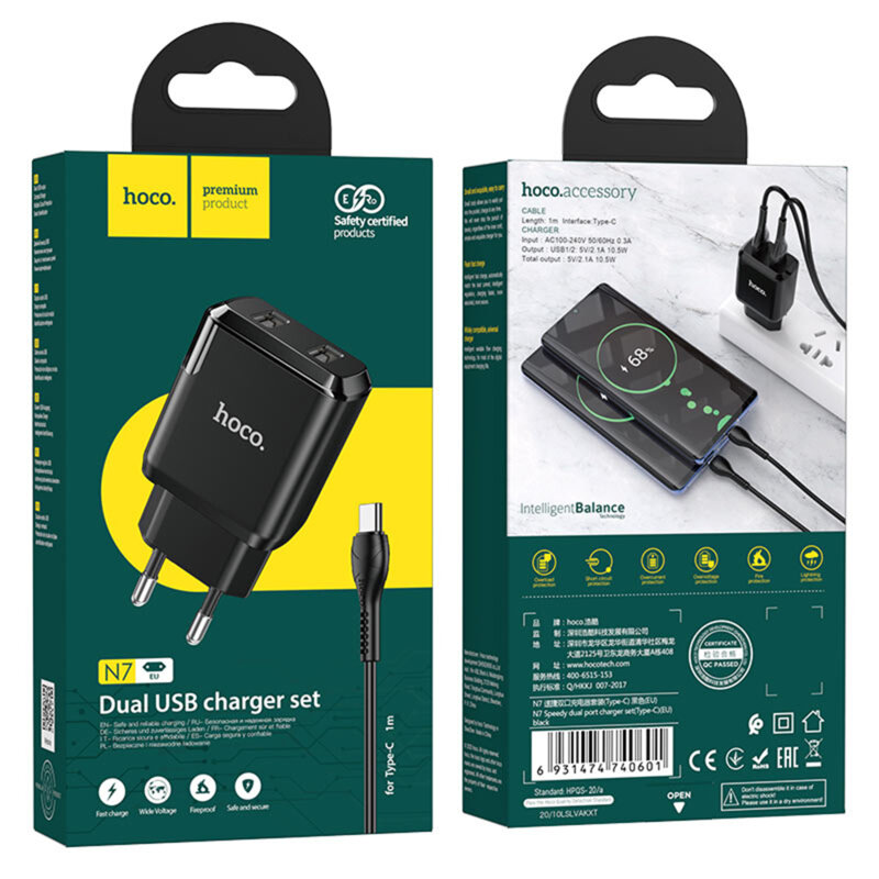 Incarcator priza 2 x USB 10W  Hoco N7 + cablu Type-C, negru
